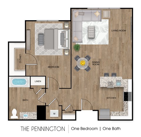 Floor plan for 1 bed, 1 bath, 730 sqft